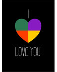 Jordan Original Grußkarte - I LOVE YOU (buntes Herz auf schwarzer Karte)