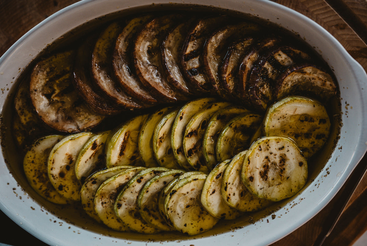 Antipasti: Gebratene Aubergine & Zucchini in Jordan Olivenöl