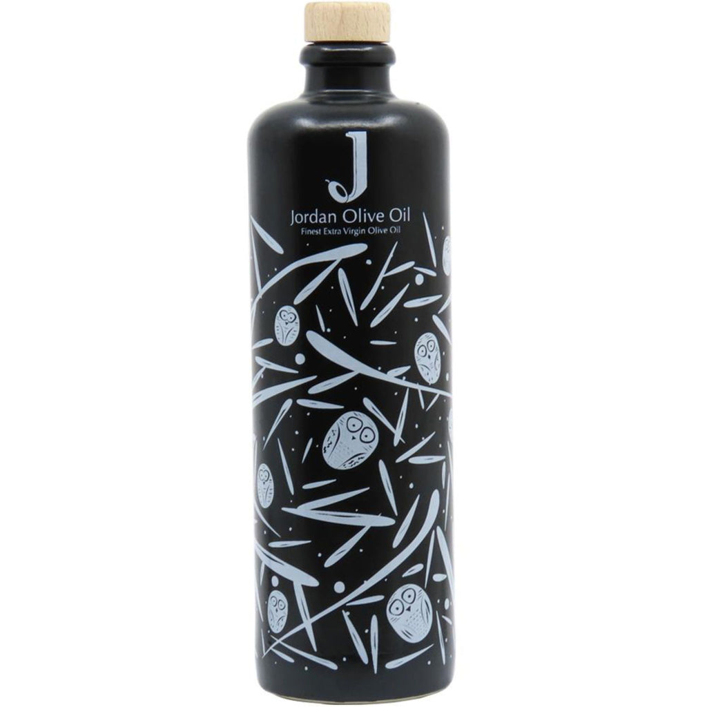 Jordan Original Keramikflasche - matt schwarz mit weißen Symbolen - 500 ml - inkl. Holzdeckel mit Ausgießer