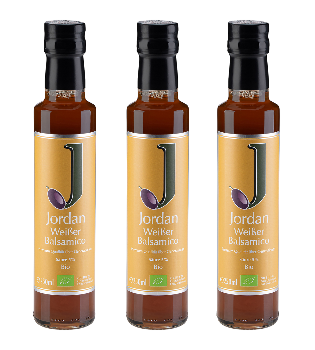 Jordan Olivenöl - Bio Weißer Balsamico - Sortenrein aus der Roditis Traube - 3 x 250 ml Flasche - GR-BIO-01 3er Pack