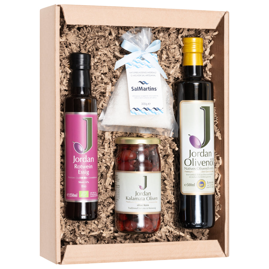 Mediterranes Geschenkset – Jordan Olivenöl, Meersalz und Bio Rotweinessig