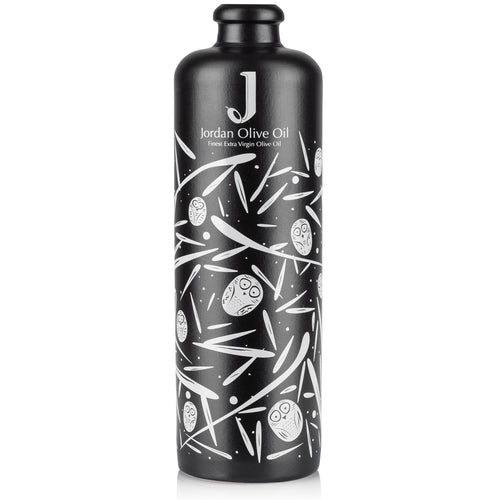 Jordan Keramikflasche schmal matt schwarz mit weißen Symbolen – Leerflasche 500 ml – inkl. Edelstahl-Ausgießer & Schutzkappe