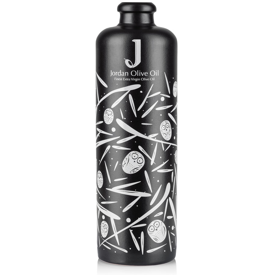 Jordan Keramikflasche - matt schwarz mit weißen Symbolen - inkl. Ausgießer - 500 ml