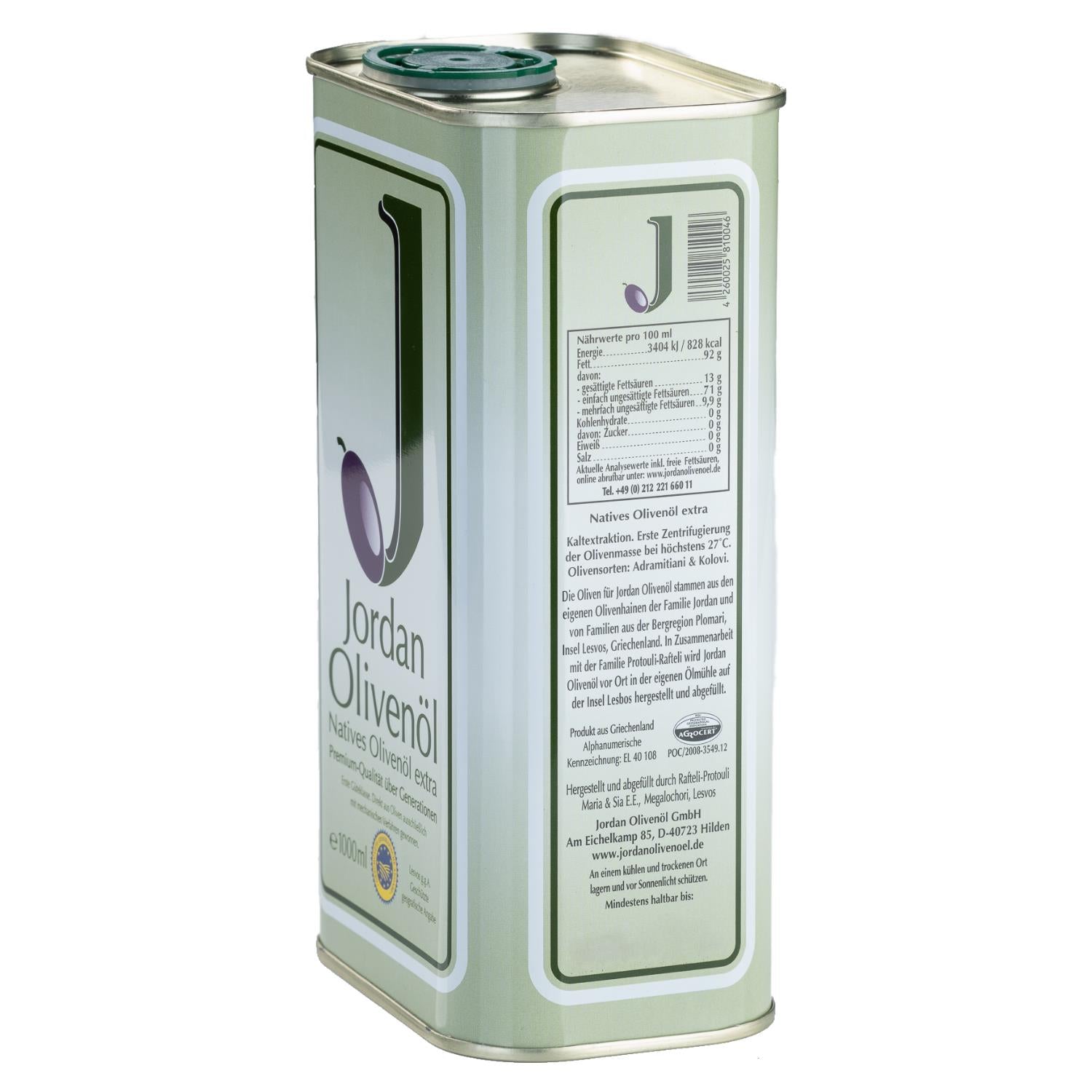 Jordan Olivenöl - Natives Olivenöl Extra - Kanister - 1,00 Liter (2er Pack)