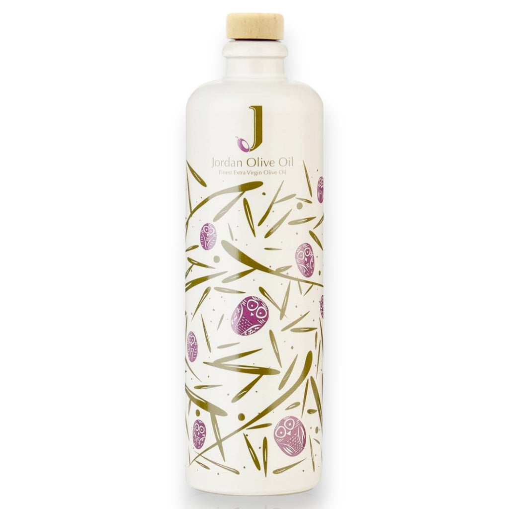 Jordan Keramikflasche schmal matt weiß mit bunten Symbolen – Leerflasche 500 ml – inkl. TAPI-Ausgießer mit Holzdeckel