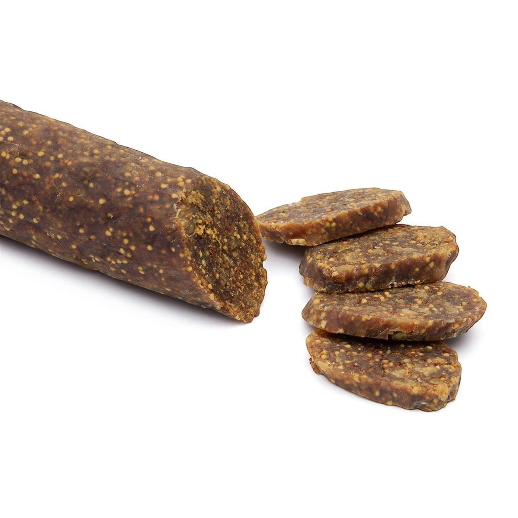 Jordan Olivenöl Feigensalami African Style, eine vegane Salami-Alternative aus getrockneten Feigen mit Gewürzen.