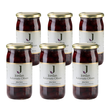 Jordan Original - Kalamata Oliven ohne Kern - im Glas- 6x360g - 6er Pack