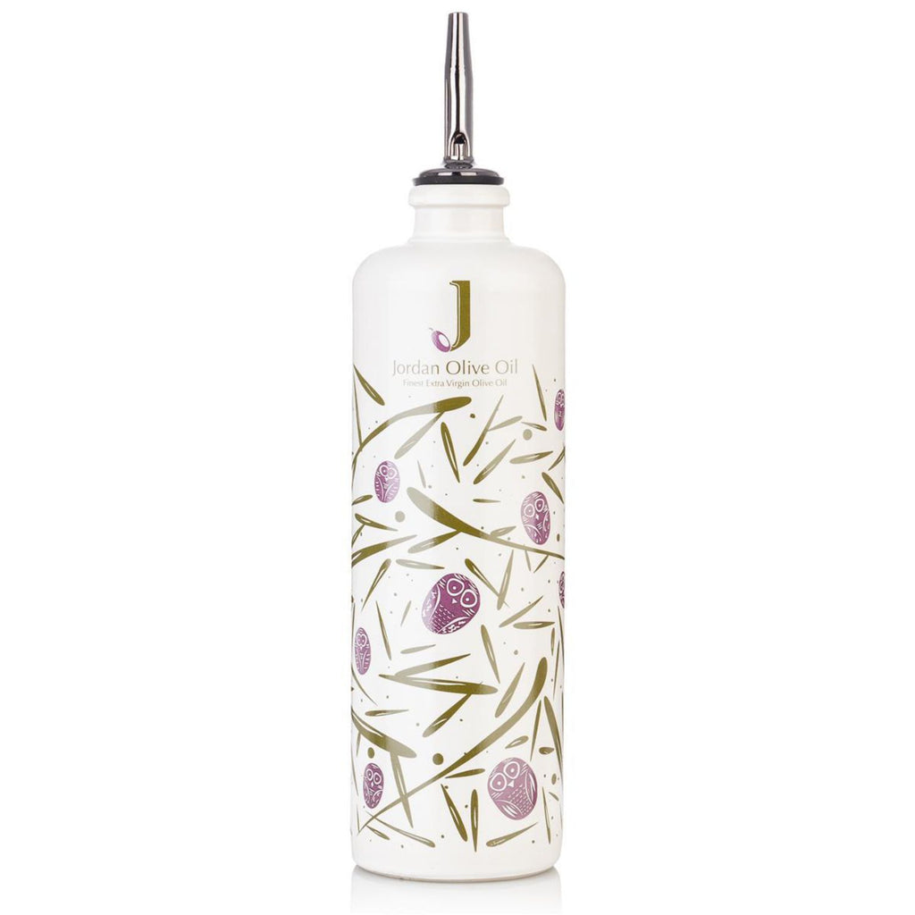 Jordan Keramikflasche schmal matt weiß mit bunten Symbolen – Leerflasche 500 ml – inkl. Edelstahl-Ausgießer & Schutzkappe