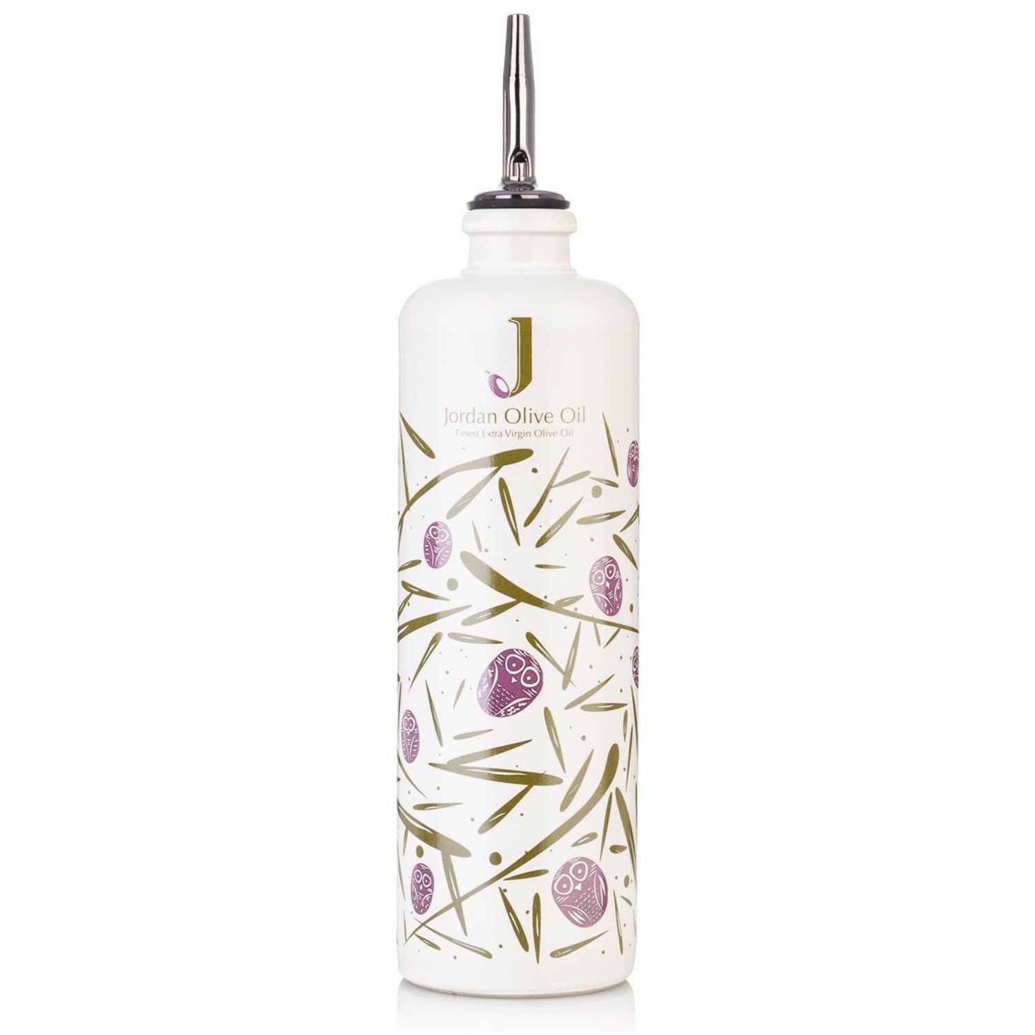 Jordan Keramikflasche schmal matt weiß mit bunten Symbolen – Leerflasche 500 ml – inkl. Edelstahl-Ausgießer & Schutzkappe