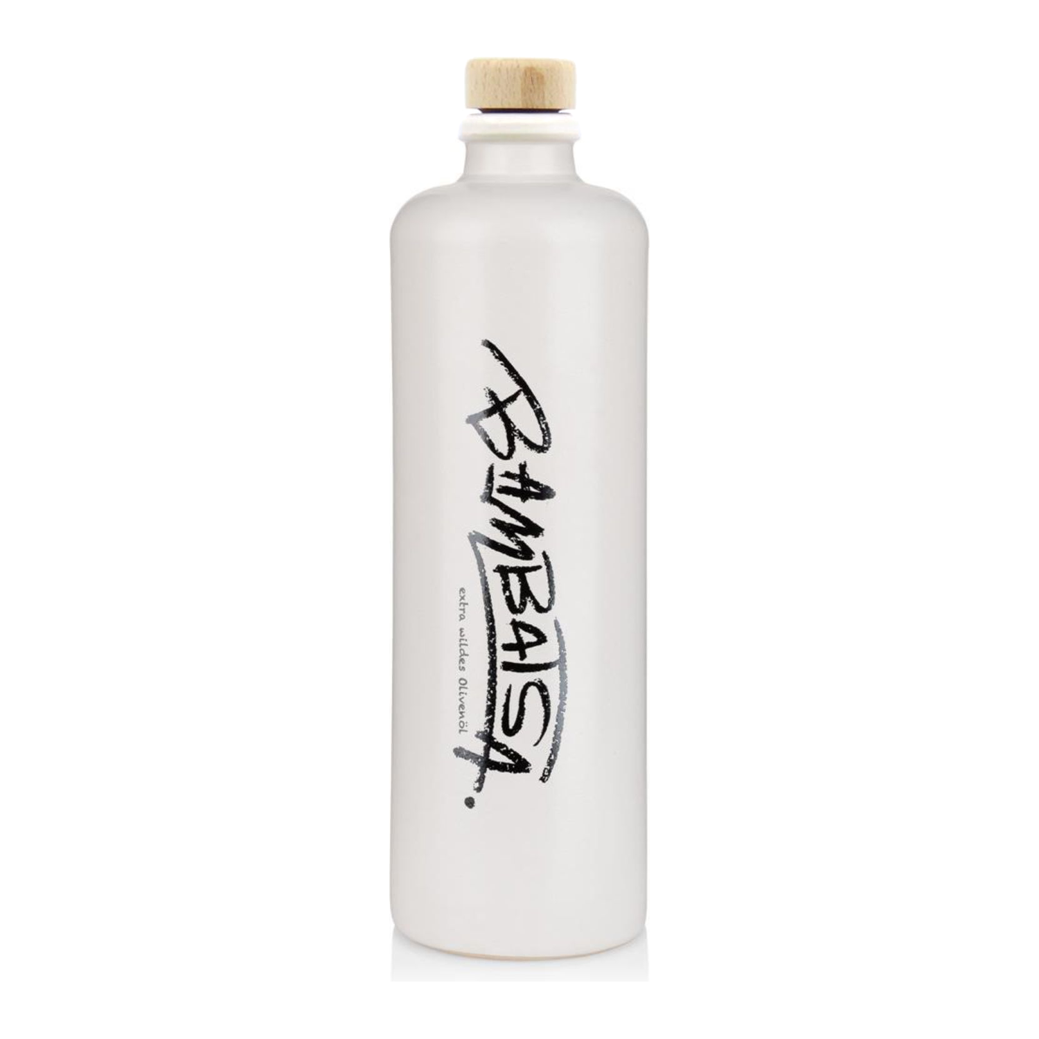 Jordan Keramikflasche schmal matt weiß mit Bambatsa Logo – Leerflasche 500 ml – inkl. TAPI-Ausgießer mit Holzdeckel