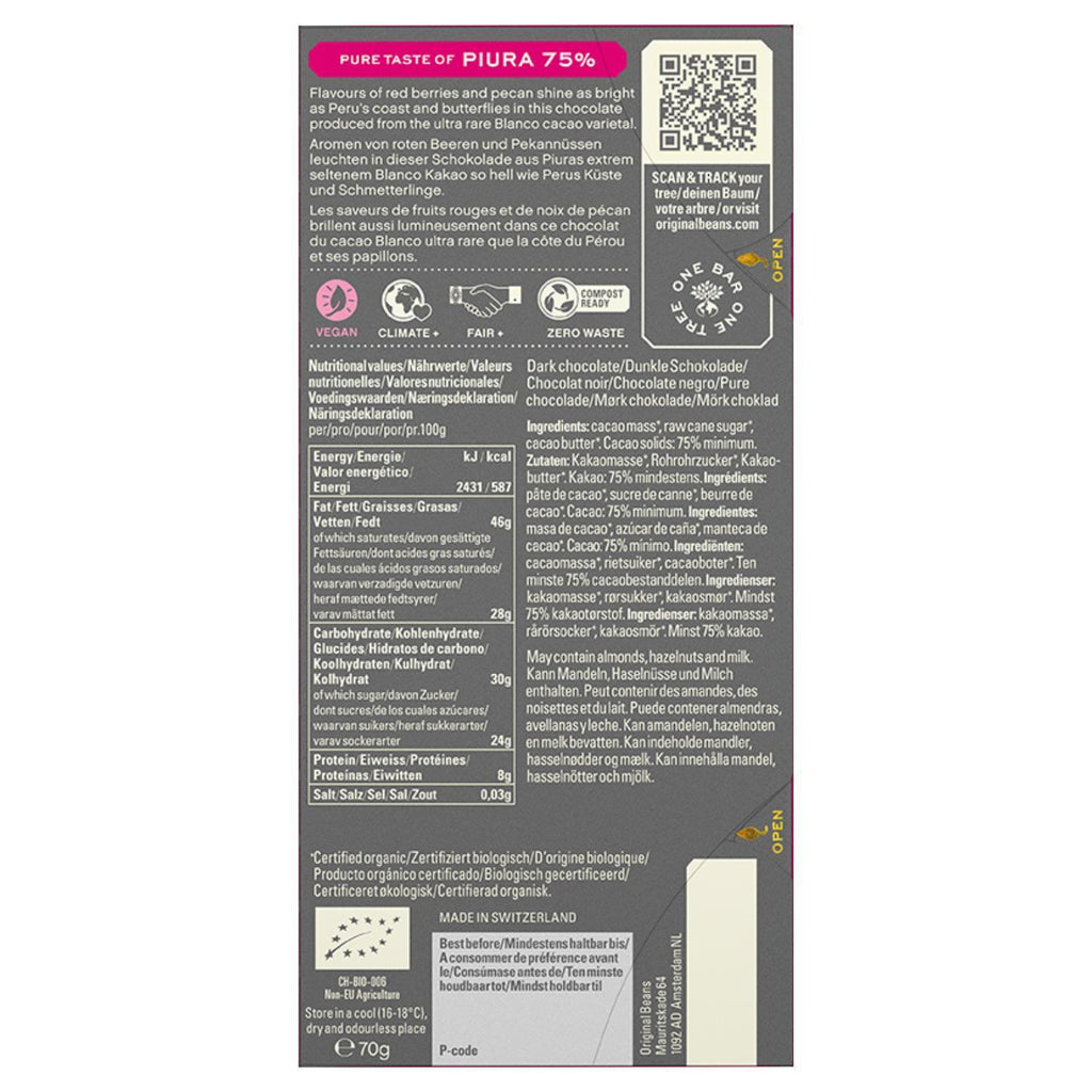 Original Beans - BIO Piura 75% Schokolade - 70g Tafel / CH-BIO-006