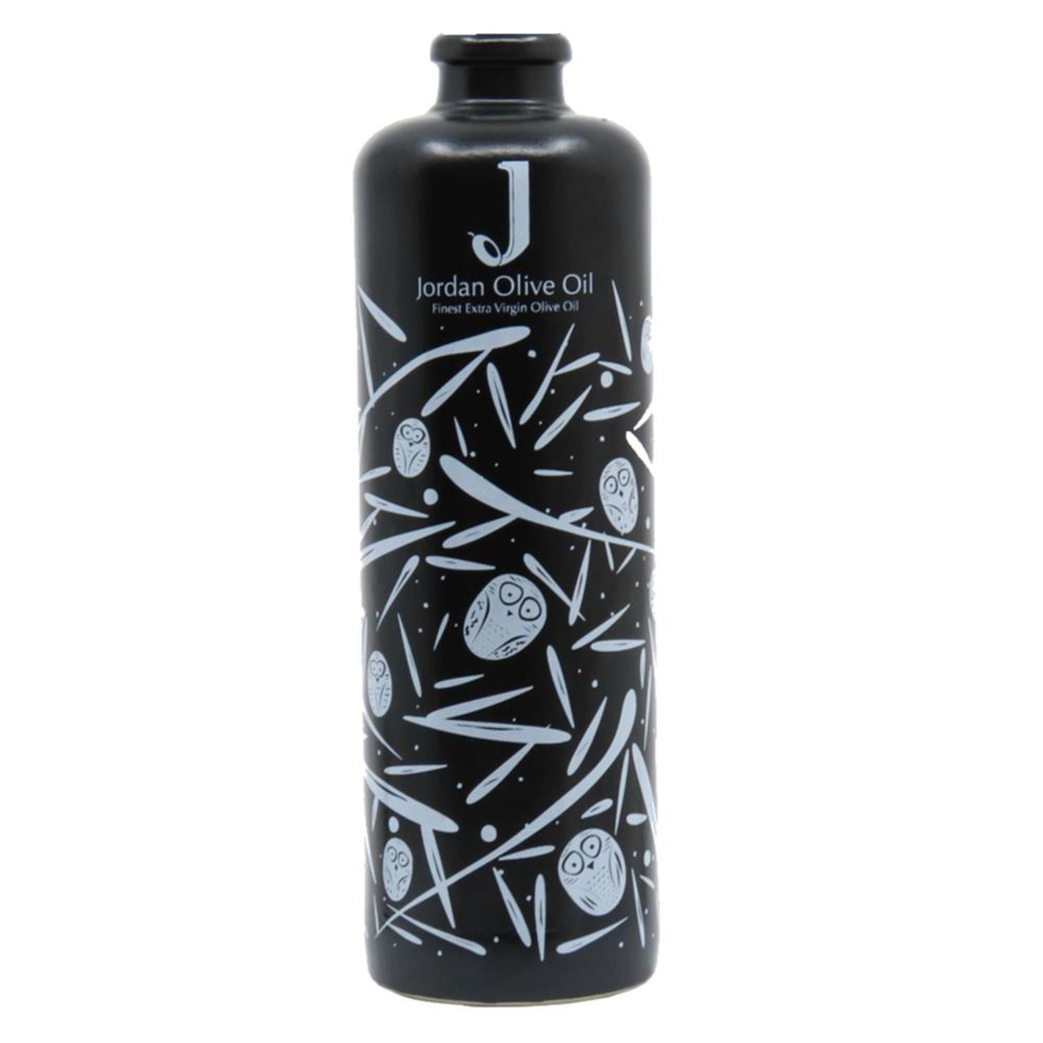 Jordan Keramikflasche - matt schwarz mit weißen Symbolen - ohne Ausgießer -  500ml – Jordan Olivenöl