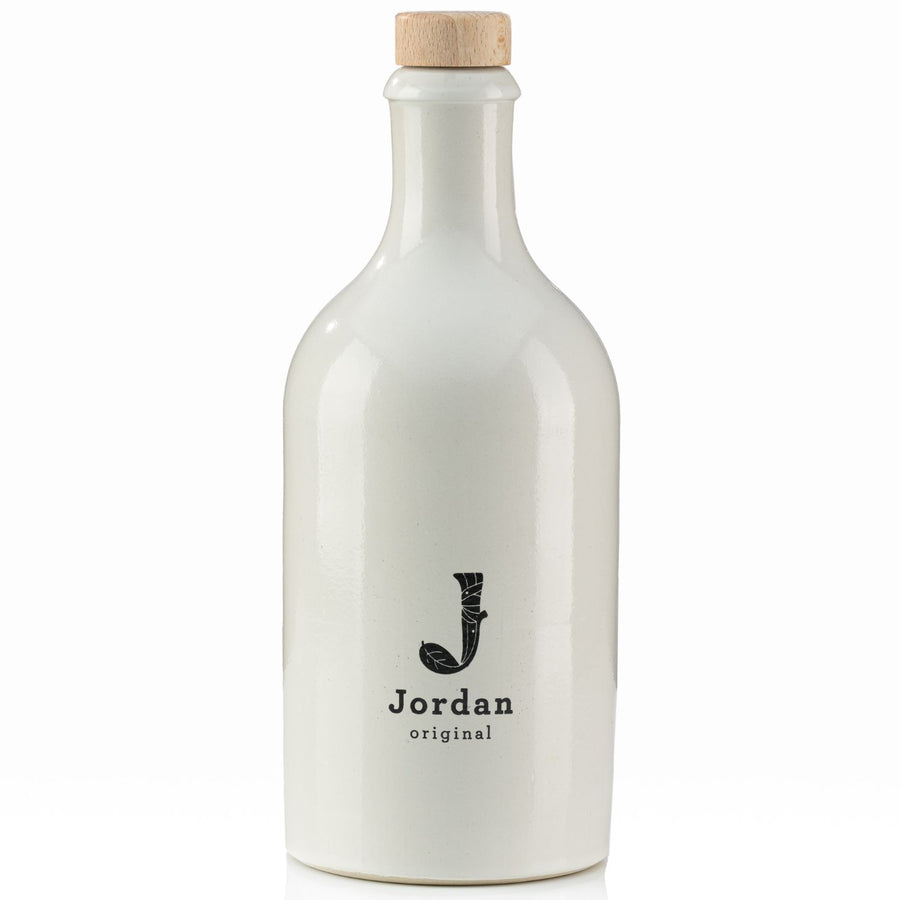 Jordan Original - Keramikflasche breit - weiß glänzend - 500 ml inkl. Holzdeckel mit Ausgießer