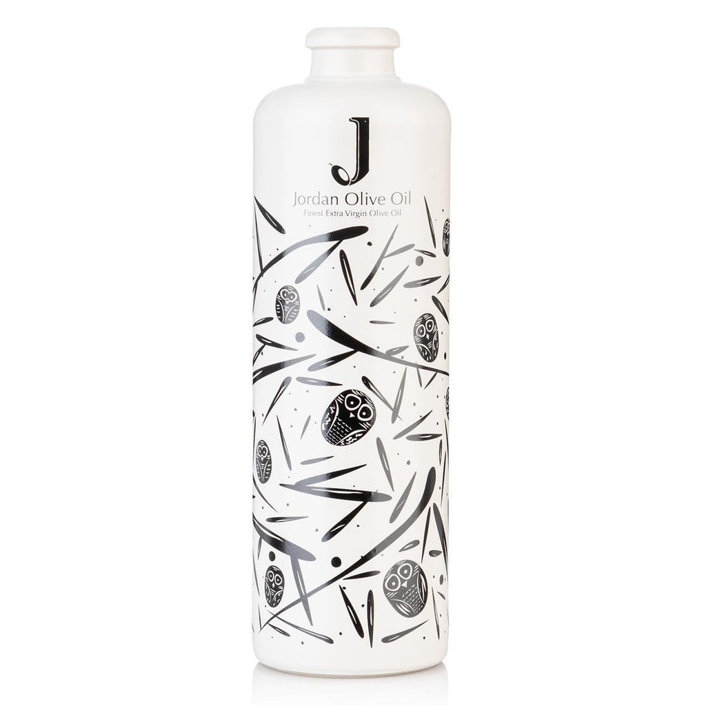 Jordan Keramikflasche - matt weiß mit schwarzen Symbolen - inkl. Ausgießer - 500ml
